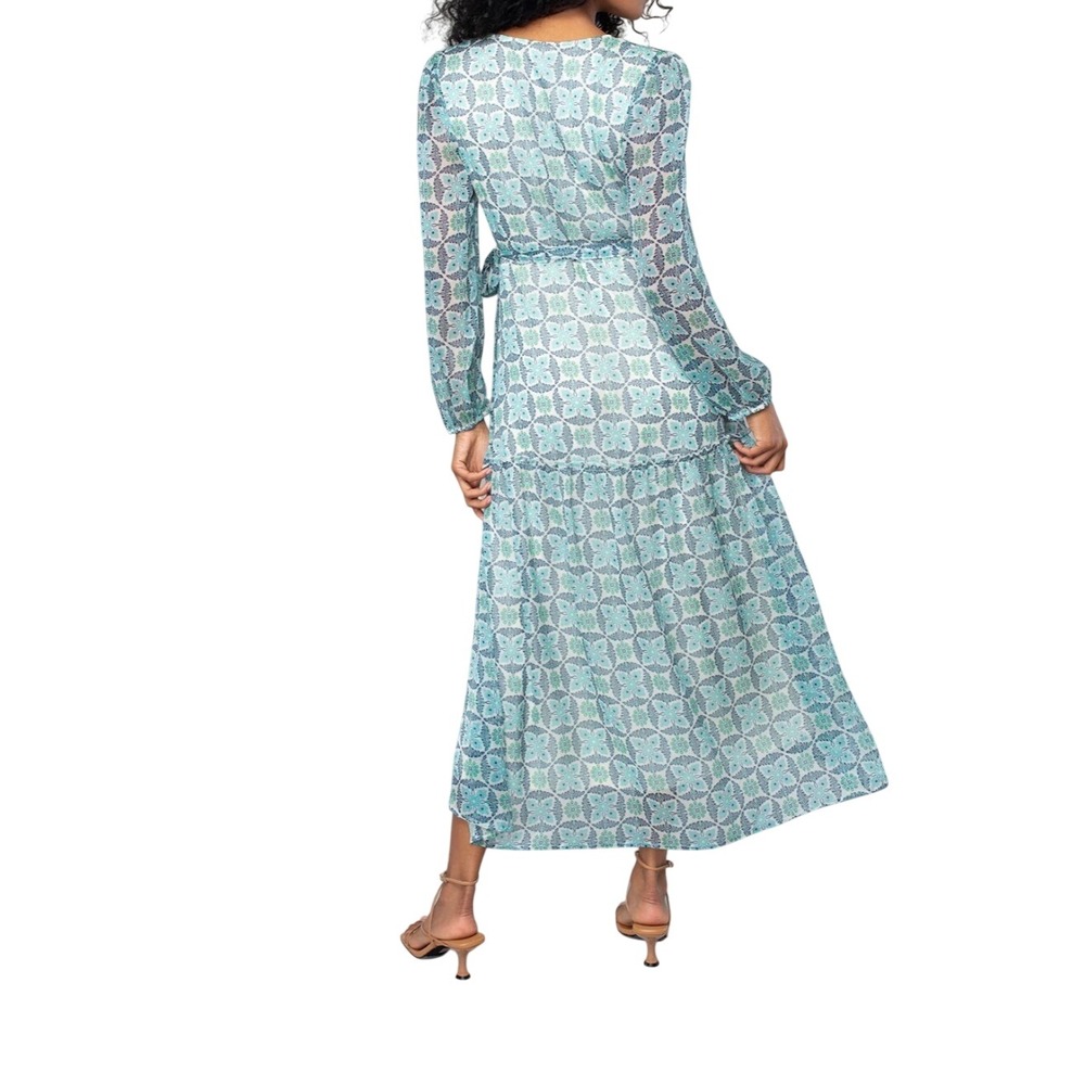 Lovestitch Teal Blue Geometric Floral Print Wrap Maxi Dress Long Sleeve L Sheer - Picture 3 of 16